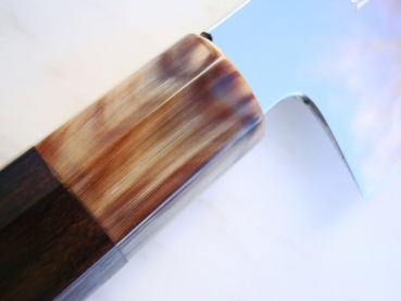 AOKI Shirogami 1 Warikomi Santoku Spiegel 19,5 cm - handgeschmiedet und -signiertes Meisterst�ck