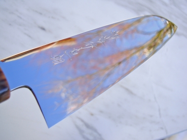 AOKI Shirogami 1 Warikomi Santoku Spiegel 19,5 cm - handgeschmiedet und -signiertes Meisterst�ck