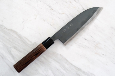 HEIJI Schmiede Atsuraeko Santoku, 17 cm Klinge (schwarz) mit Honbazuke, handgeschmiedet und - signiert, nicht rostfrei